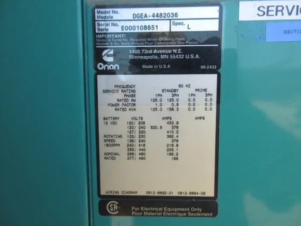 125KW Onan Diesel Generator Skid Mounted Generator / Only 204Hours - Image 3